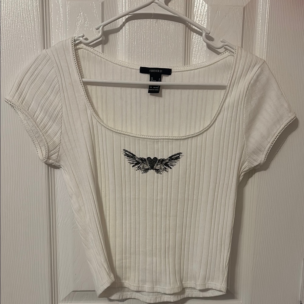 Forever 21 Cream Ribbed Tee with Black Wing Embroidery